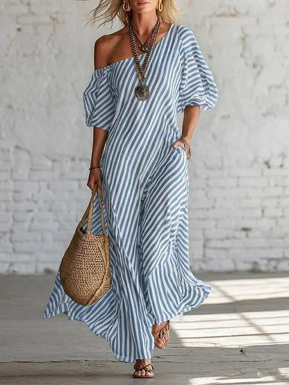 Urban Black Chiffon Striped Print Off Shoulder Maxi Dress