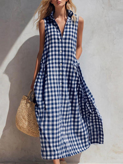 Women's Summer Resort Seaside Plaid Sleeveless Loose Long Dress