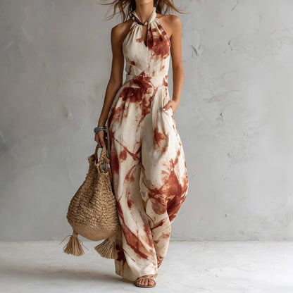 Women's Beige Abstract Print Halter Wide-Leg Jumpsuit
