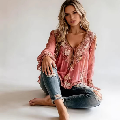 Floral Pattern V Neck Semi-Transparent Long Sleeve Blouse
