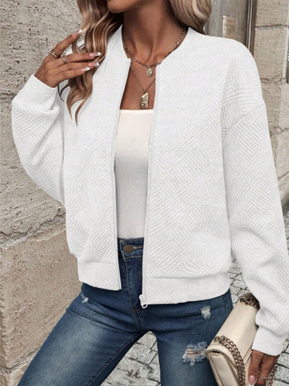 Herringbone Textured Zip‑Up Bomber Knit Jacket