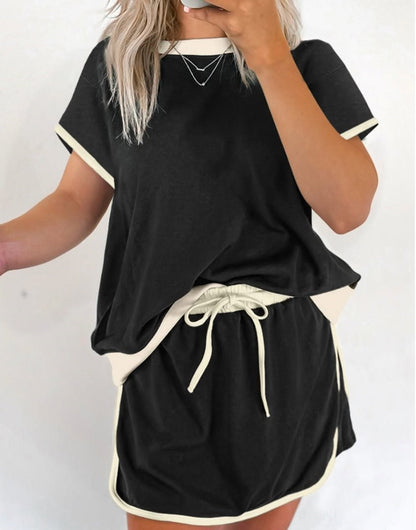Women's Colorblock Edge Drop Shoulder T Shirt Skort 2 Pcs Set