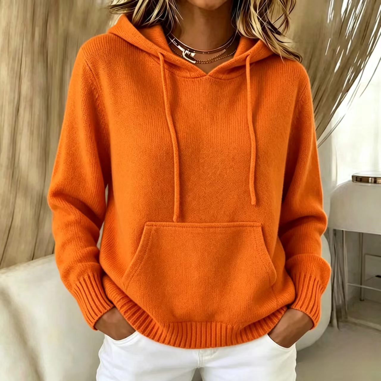 Women's Knit Hooded Sweater wih Pocket
