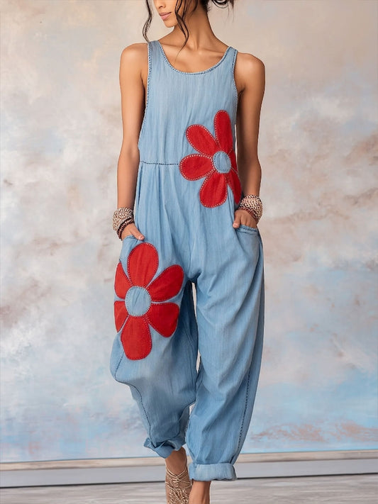 Women's Floral Pattern Sleeveless Denim Jumpsuit