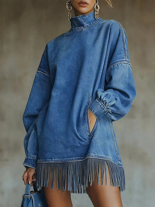 Women Casual Denim Blue Mini Dress Turtleneck H-Line Fall Daily