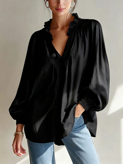 Ruffle V-Neck Crinkled Texture Balloon Sleeve Blouse