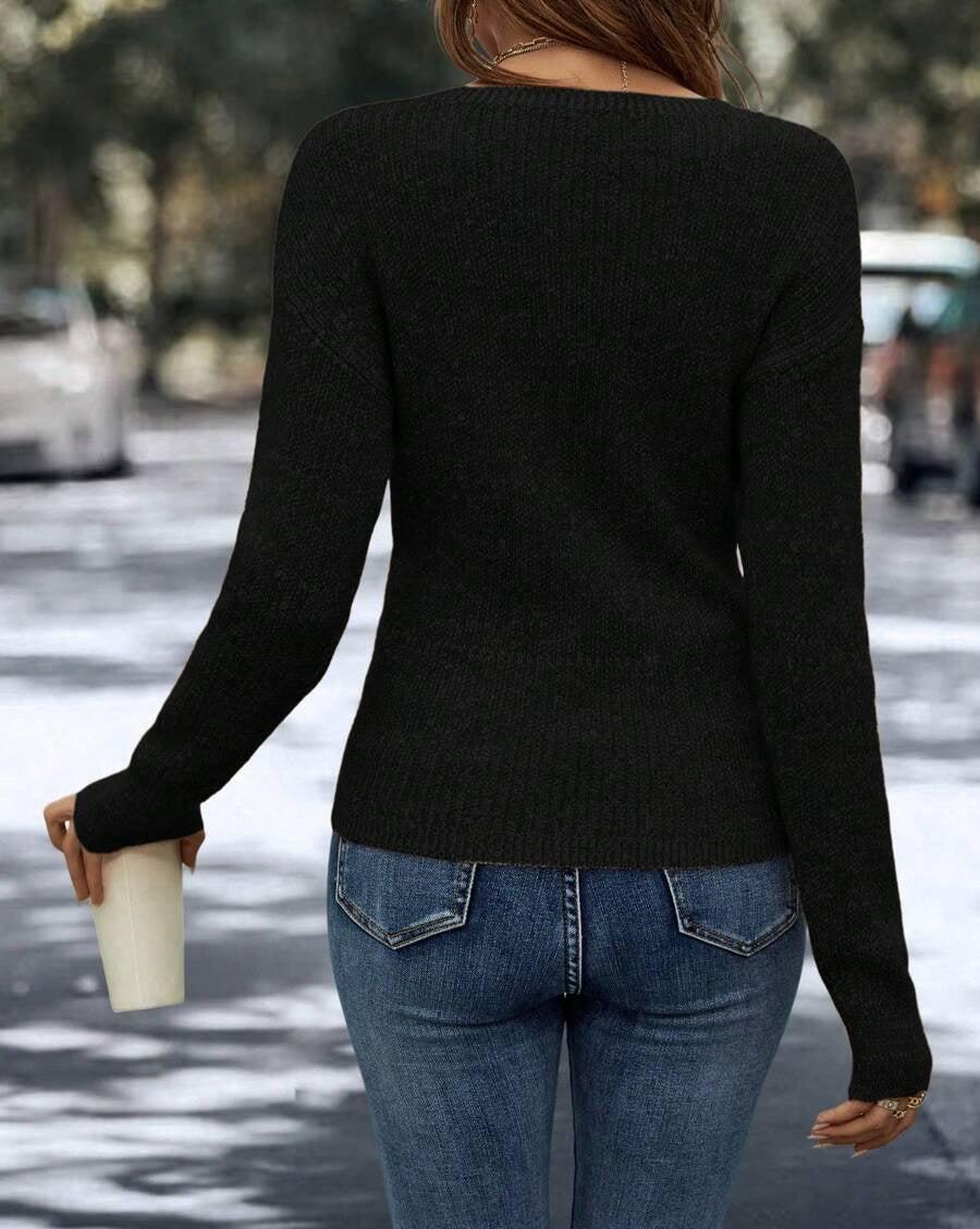Floweary Black Plain V-Neck Sweater