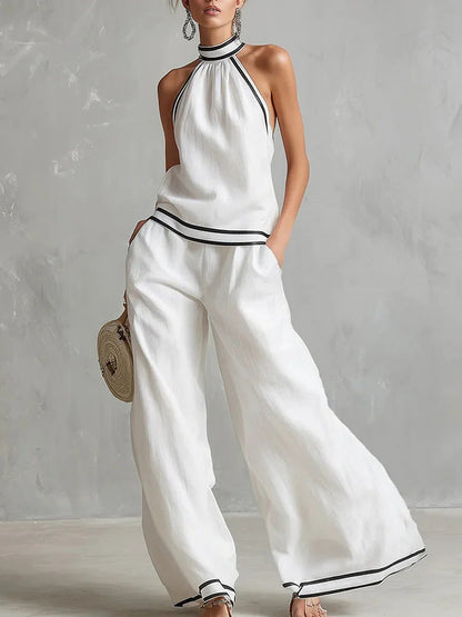 Halterneck Sleeveless Wide-Leg Pants Suit For Women