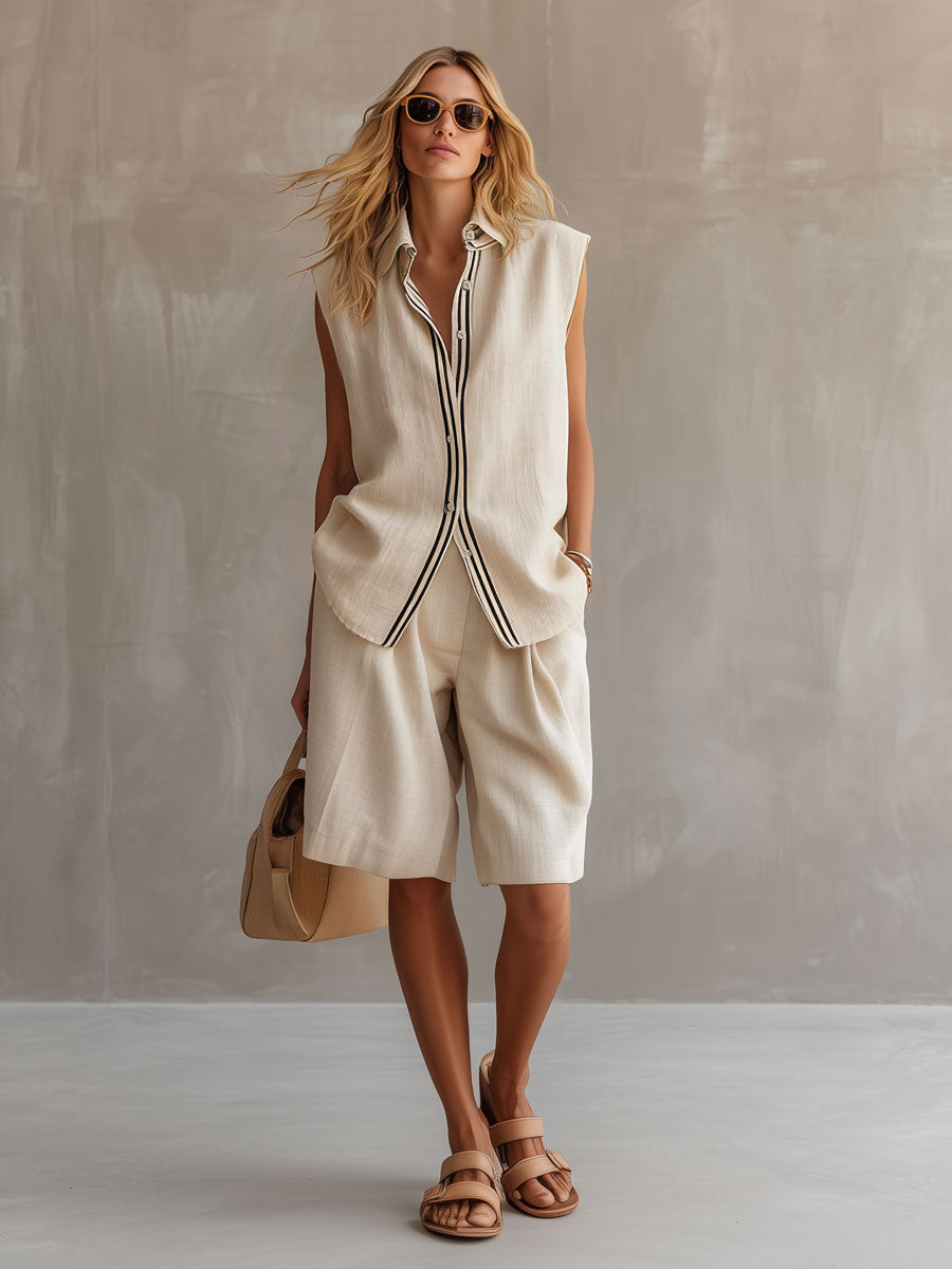 Casual Retro Apricot Cotton Linen Sleeveless Striped Shirt And Shorts Set