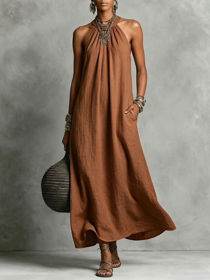 Women's Round-neck Halter Sleeveless Cotton-linen Dress