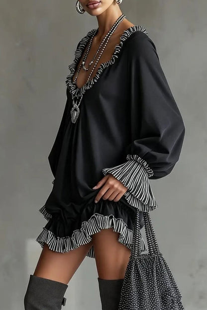 Fashionable Patchwork Ruffled Loose Long-sleeved Casual Mini Dress