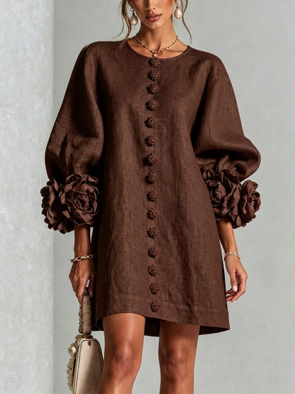 Blush Pink Fabric Floral Appliqué Balloon‑Sleeve Shift Mini Dress