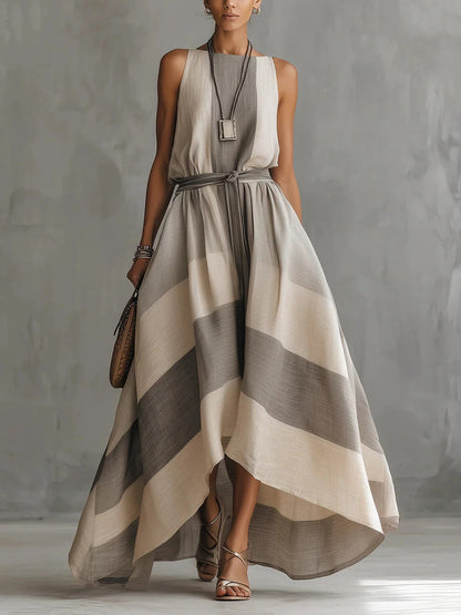 Linen Blend Striped Sleeveless Maxi Dress