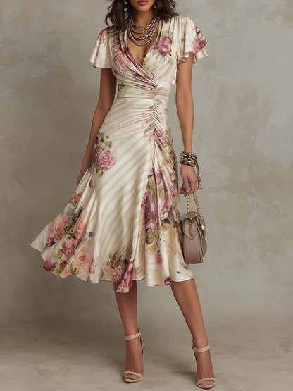 Elegant Vintage Floral Chiffon Midi Dress