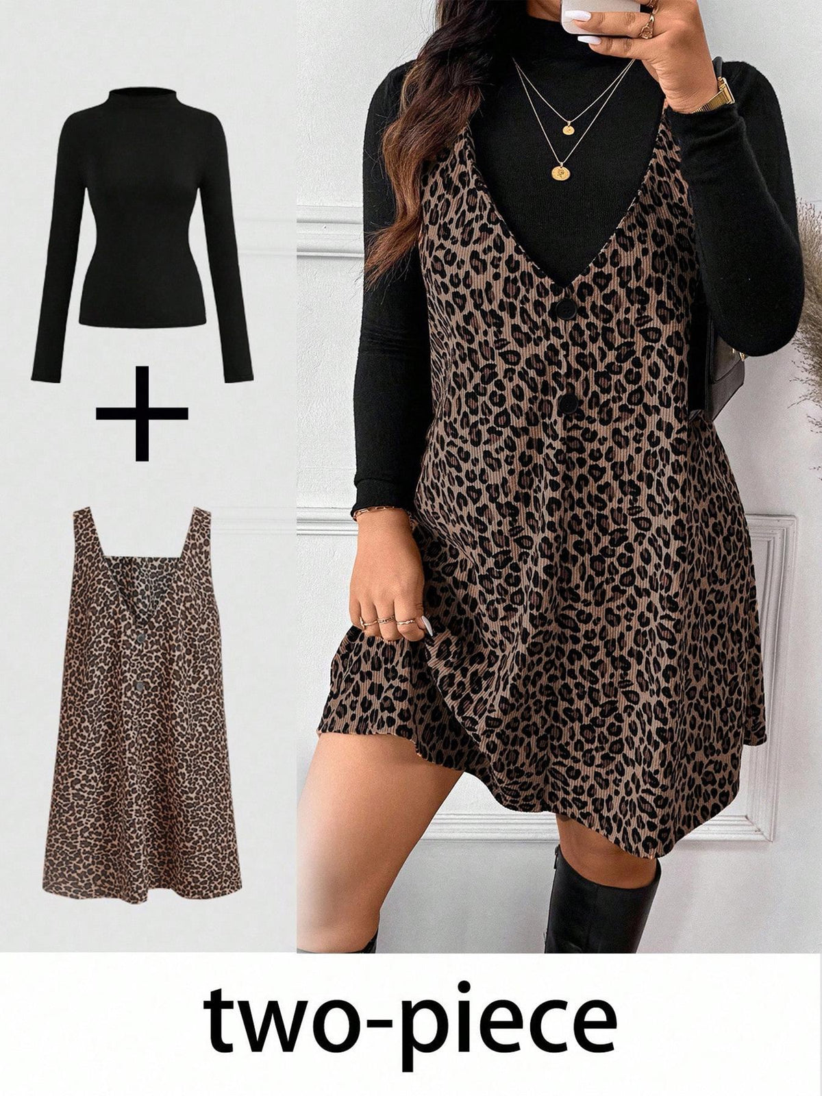Women's High‑Neck Long Sleeve Top & V‑Neck Sleeveless Mini Dress Two‑Piece Set