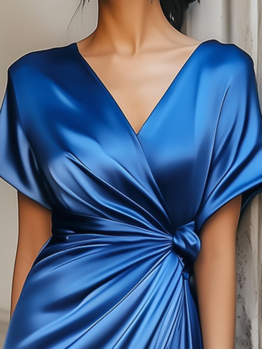 Unique V-Neck Plain Short Sleeve Midi Dress