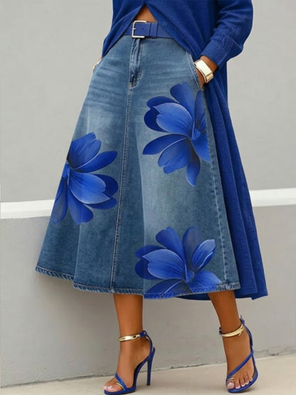 Casual Artistic Floral-print A-line Denim Skirt