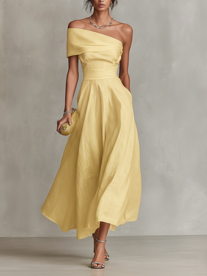 Yellow Linen Dress With One-Shoulder Neckline & Fitted Waist