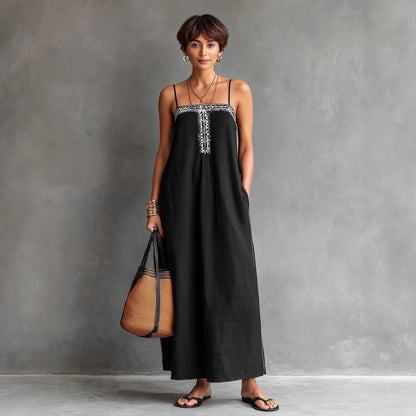Black Embroidered Linen Maxi Dress