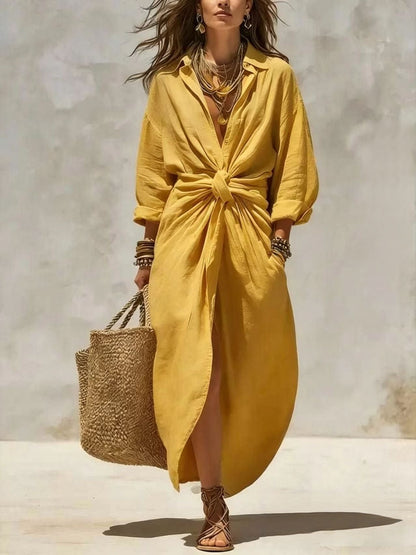 Women'S Solid Color Shirt Collar Single-Breasted Pocket Cardigan Long-Sleeved Casual Dress