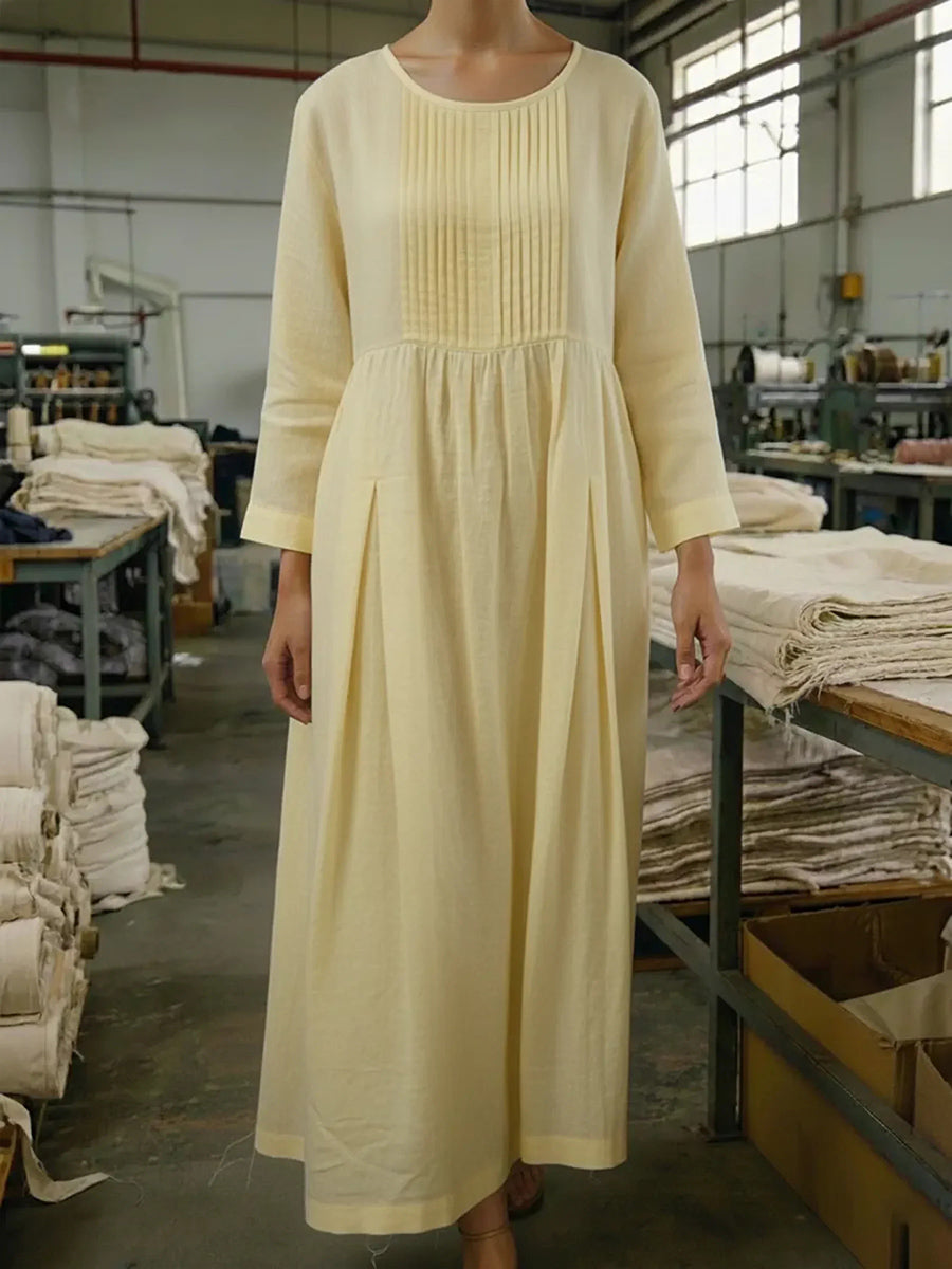 Vintage Style Pleated Cotton Linen Midi Dress