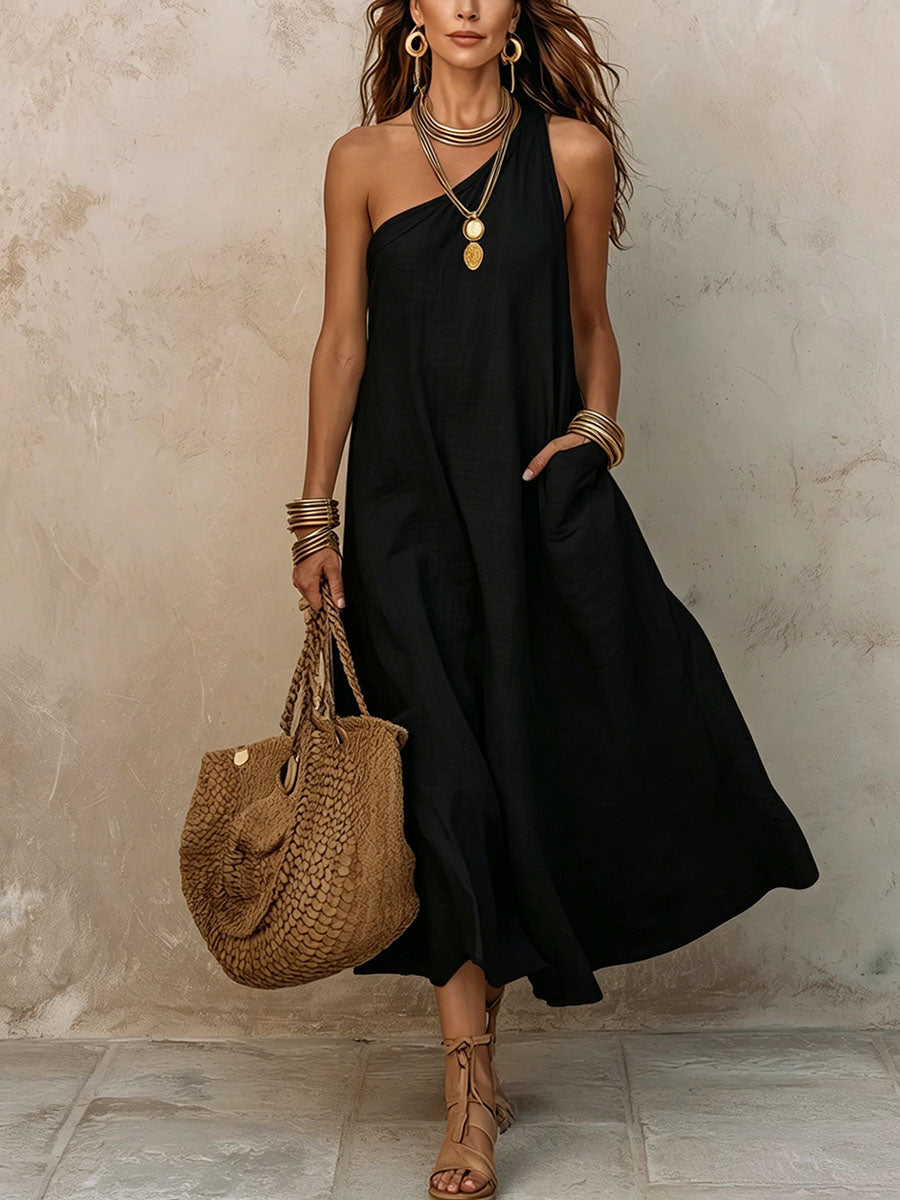Women's Off-shoulder Sleeveless Cotton-linen Dress