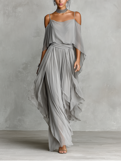 Women's Grey Breathable Chiffon Maxi Dress With Cold-Shoulder Detail & Flared Silhouette
