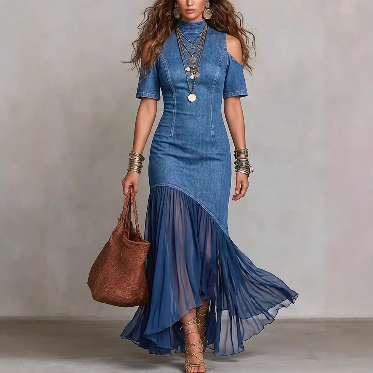 Off-Shoulder Mesh Hem Midi Dress – Slim Fit Short Sleeve Dress