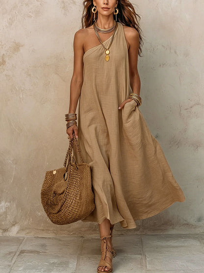 Women's Off-shoulder Sleeveless Cotton-linen Dress
