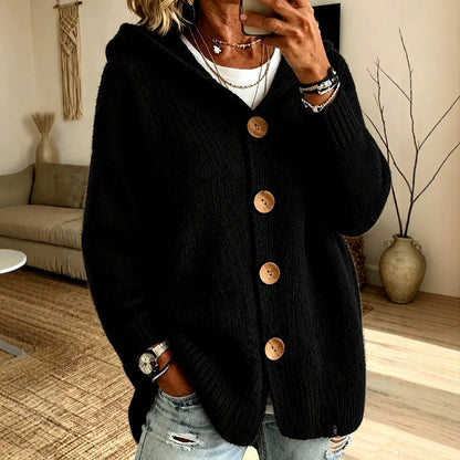 Oversized Hooded Button‑Front Long Sleeve Loose Fit Knit Cardigan With Pockets