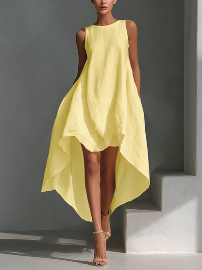 Women's White Linen Fabric Sleeveless Midi Dress With Round Neck