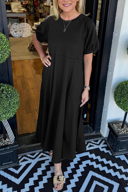 🔥Women's Solid Color Puff Sleeve Round Neck Long Dress（Buy 2 Free Shipping）