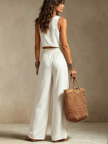 Cotton linen 2 Piece Set: Sleeveless Ruffle Tank Top & Drawstring Wide Leg Pants