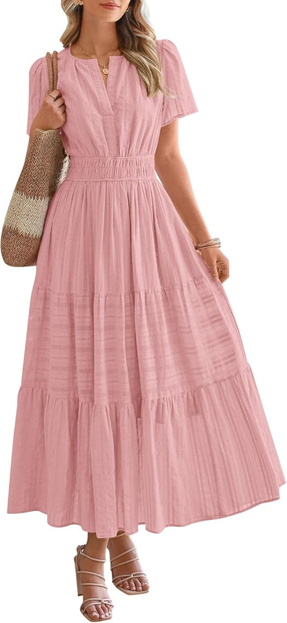 Womens Summer Lightweight Short Sleeve V Casual Midi Maxi Dresses