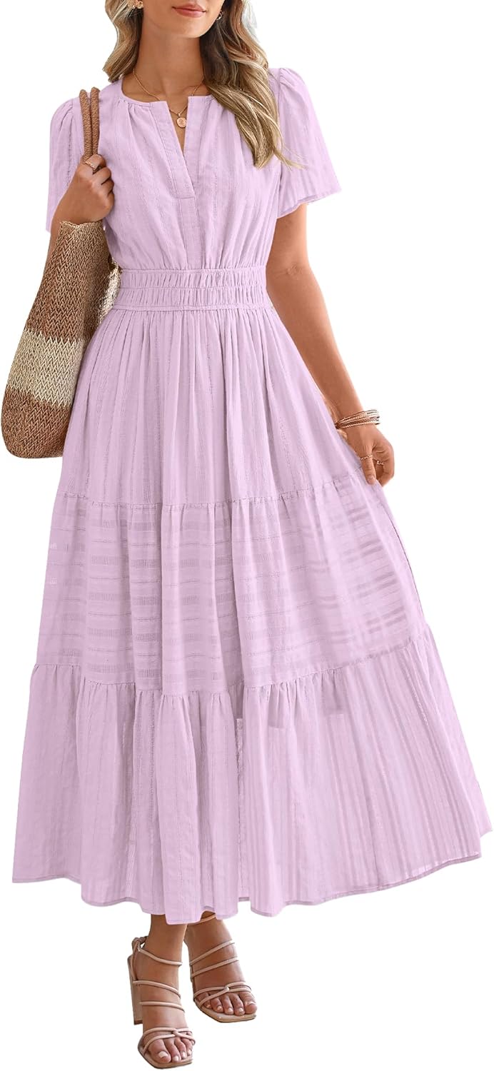 Womens Summer Lightweight Short Sleeve V Casual Midi Maxi Dresses