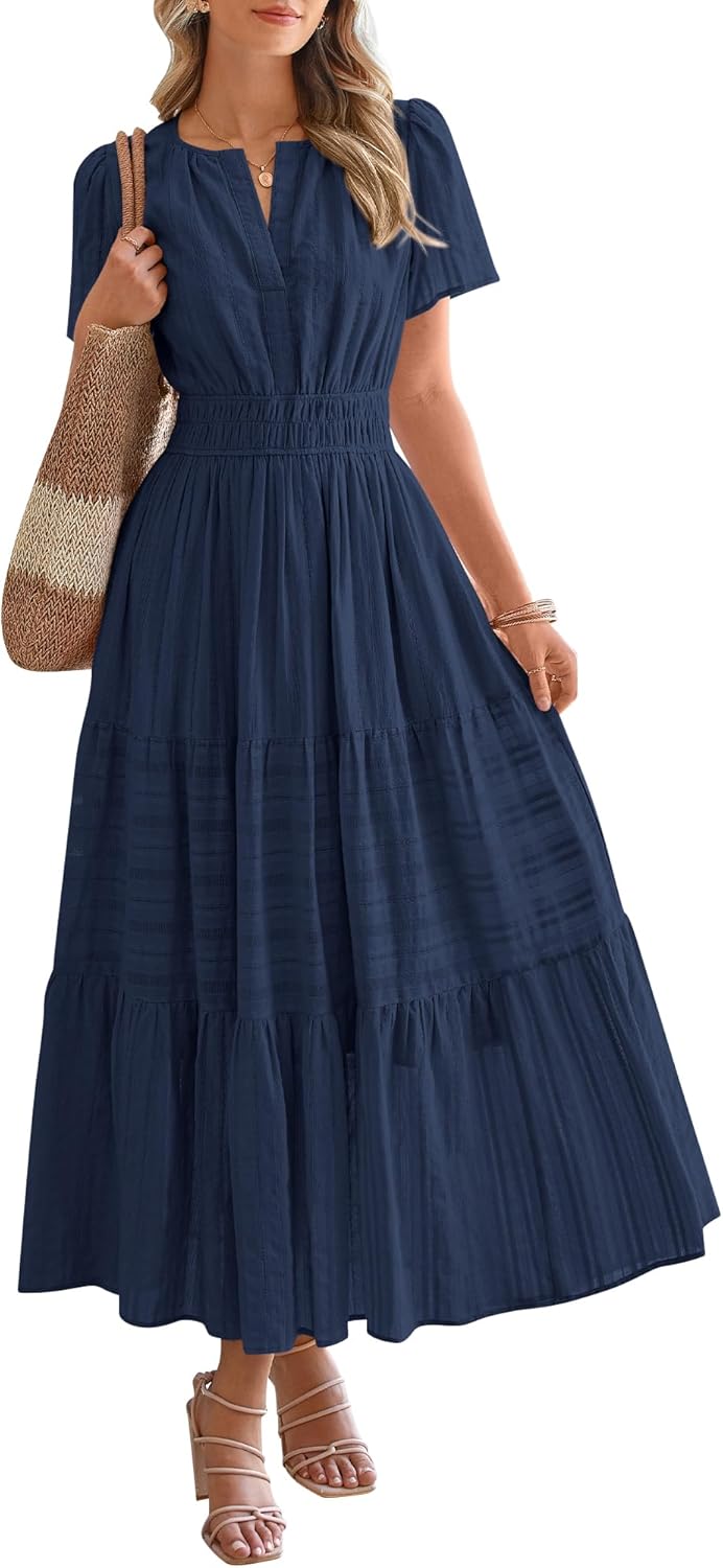 Womens Summer Lightweight Short Sleeve V Casual Midi Maxi Dresses