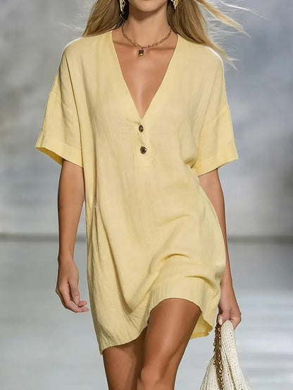 Effortless Chic Linen-Blend V-Neck Shirt Dress