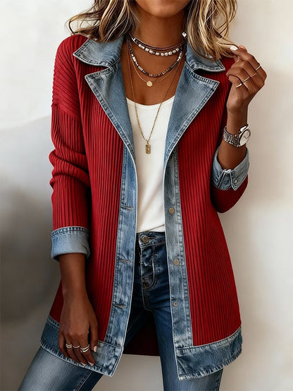 Women's Faux‑Layer Denim Trim Ribbed Open‑Front Cardigan