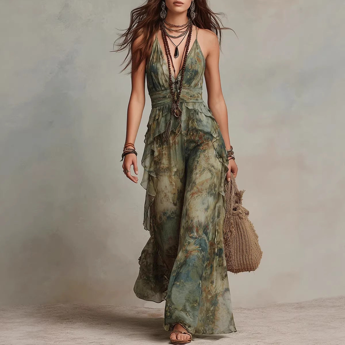 Ethereal Sage Watercolor Ruffled Dress