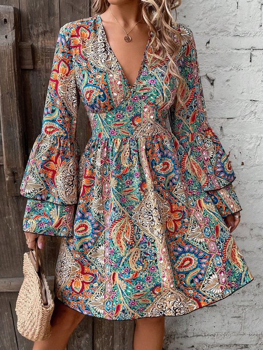 Bohemian Paisley Floral Bell Sleeve Dress