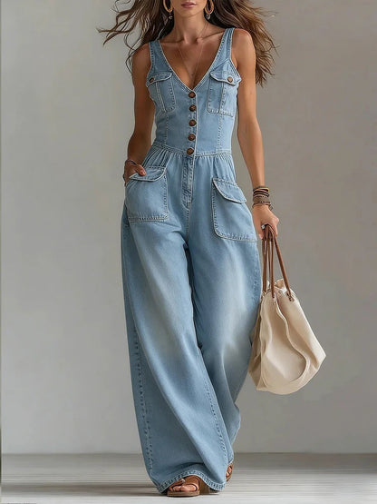 Women's Washed Denim Loose-Fit Sleeveless Jumpsuit
