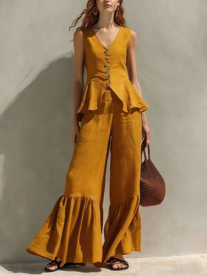 Mustard Linen-Blend Peplum Top & Ruffled Wide-Leg Pants Set