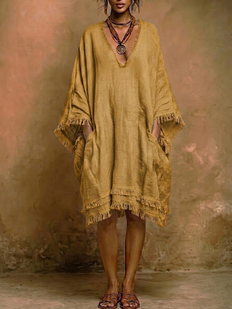 Bohemian Loose-fit Frayed Linen And Cotton Dress