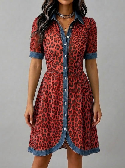 Stylish Casual Leopard-print Chiffon And Denim Patchwork Dress
