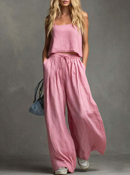 Solid Color Casual Cotton And Linen Suspender Tops Wide-Leg Pants Suit