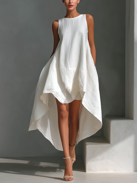 Women's White Linen Fabric Sleeveless Midi Dress With Round Neck