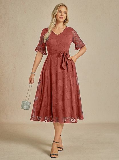 Sheer Sleeve V-Neck Floral Dress