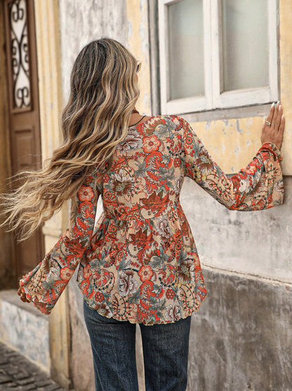 Orange Boho Women's Paisley Print Mesh Long Sleeve Tie Front Asymmetric top