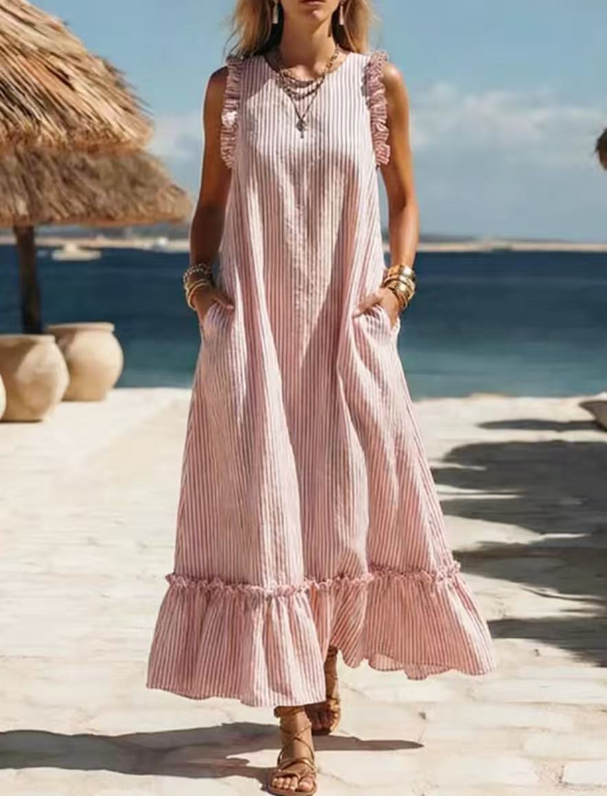 🌊 Coastal Striped Ruffle Maxi Dress