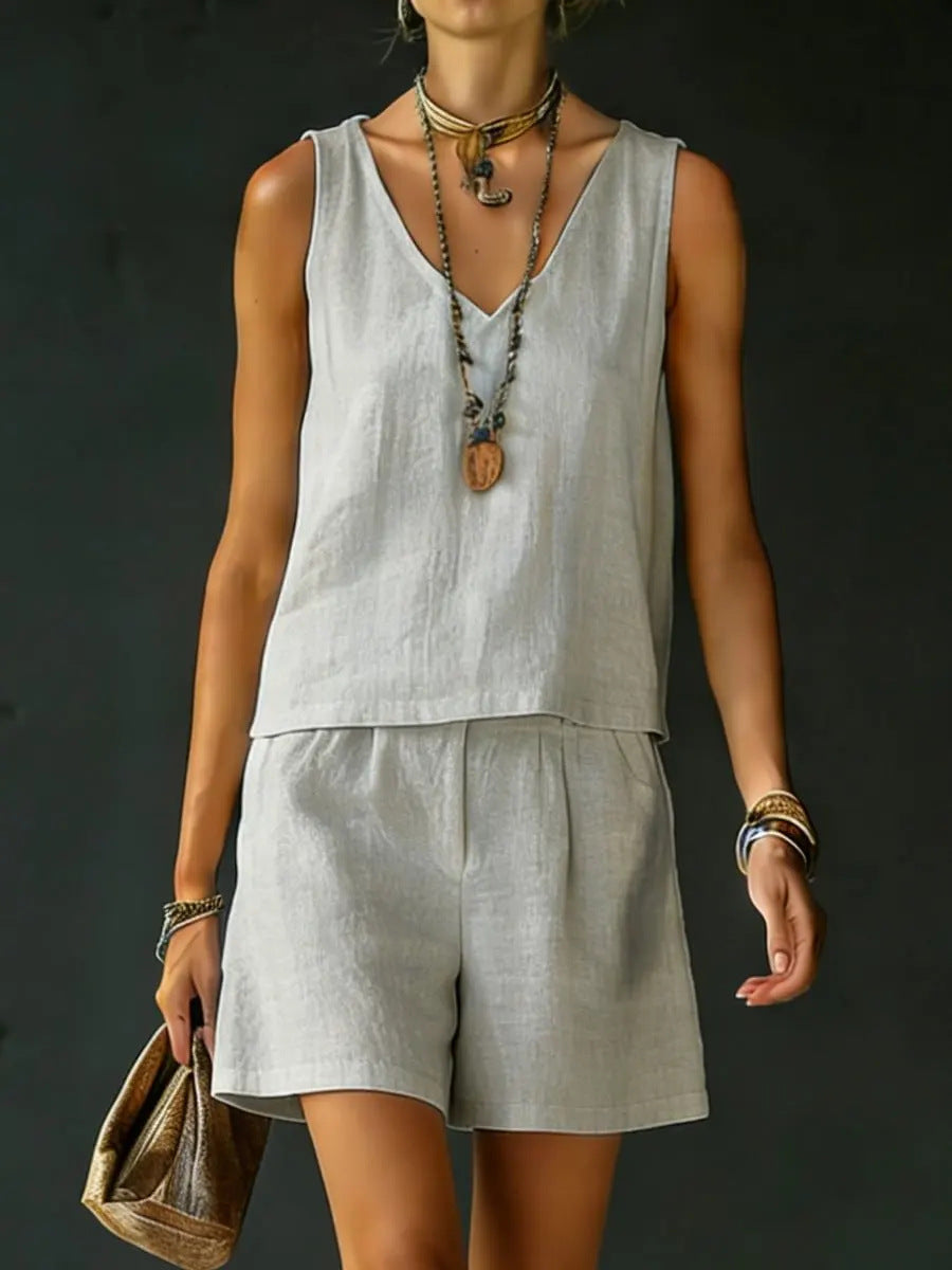 Casual V-Neck Sleeveless Top & Shorts Set